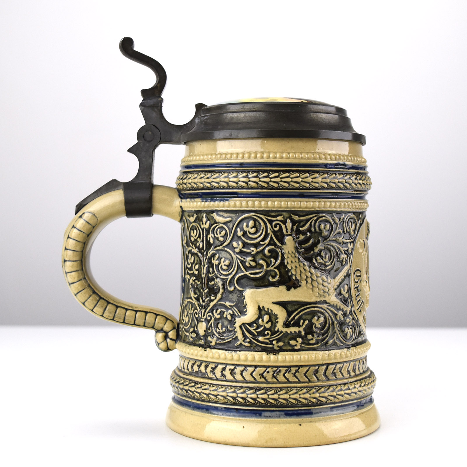 Antique 0.5L Pottery Stoneware Beer Stein Enamel Lid Frauenkirche